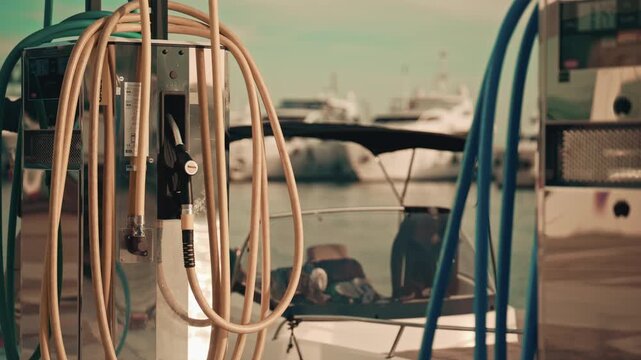 Various hoses coloured in yellow, green, and blue, hang beside modern marina fuel pumps, boat at the fuel station