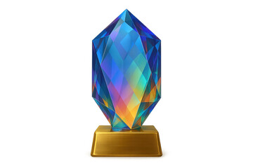 Transparent iridescent crystal award glowing with multiple colors on a golden base, symbolizing victory and success
