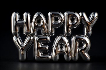 A metallic "Happy New Year" font with polished chrome effect and reflections 