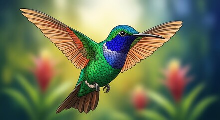 Naklejka premium hummingbird, vibrant colors, iridescent feathers, wings spread, hovering, tropical flowers, blurred background, detailed, realistic, highly detailed, 4K, hyperrealistic, cinematic lighting, award-winn