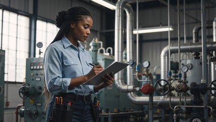 Fototapeta premium Female industrial engineer writing on a clipboard in a factory. Professional African American technician conducting a quality control inspection of machinery