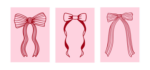 Set of posters with coquette hand drawn bows. Vector line illustration in vintage style. Elegant greeting cards