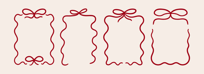 Set of hand drawn bow frames. Vector line illustration of wavy ribbons. Vintage coquette aesthetic. Holiday clipart for greeting cards, invitations, posters