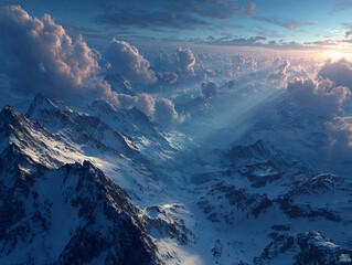 a breathtaking mountain landscape during sunset or sunrise. The peaks are covered in snow, and the sky is filled with dramatic clouds, creating a serene and majestic atmosphere.