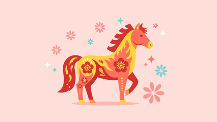 Festive Horse Illustration with Floral Accents for Lunar New Year.