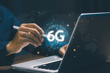 Future 6G network concept featuring a glowing digital globe with 6G, illustrating next level wireless communication, extreme data speed, and the evolution of global connectivity technology.