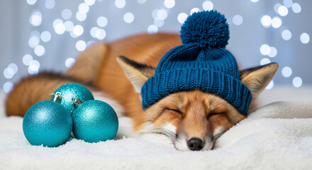 Close-up of sleeping red fox wearing blue knitted hat with ornaments on white soft blanket, representing relaxation and winter holidays spirit