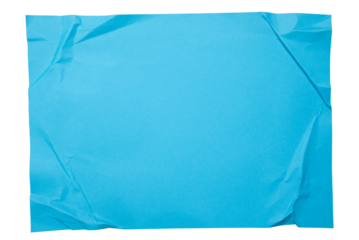 Blue paper wrinkled poster templates, blank paper sheet. Blue paper isolated on transparent background.