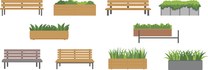 Bench and planter illustration set, diverse outdoor seating and greenery designs, vector urban landscape elements for public space graphics © Kseniia Dizdar