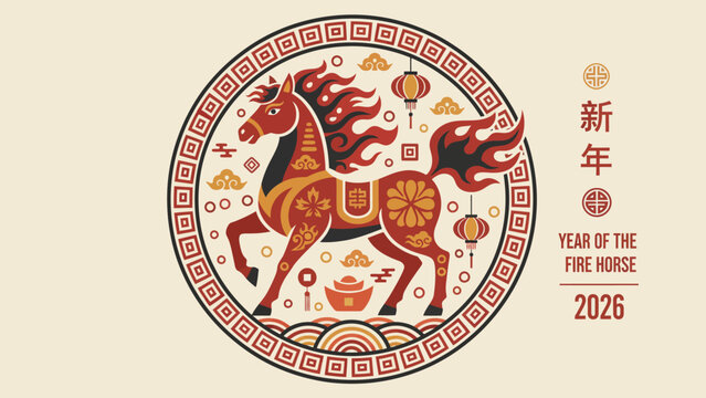 Year of the Fire Horse 2026 illustration with horse and traditional Chinese elements.