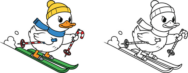 Determined Cartoon Duck Skiing with Candy Cane Poles Winter Sports Fun