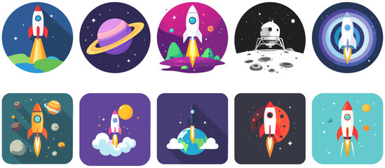 A collection of ten vibrant flat design illustrations featuring rockets, planets, and space exploration themes, including launches from Earth, alien landscapes, and lunar modules. © Vctor
