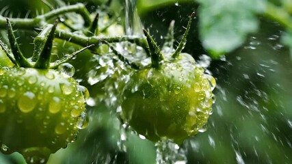 Closeup view of vibrant green unripe tomatoes on a lush vine glistening with fresh water droplets as rain gently falls nourishing the growing organic produce in a healthy garden environment. - Powered by Adobe