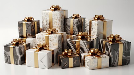 A collection of elegantly wrapped presents with marble and floral patterns accented by gold ribbons and bows arranged on a white backdrop.