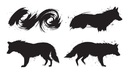 Wild wolf silhouettes and abstract brush strokes combine in a dynamic grunge style illustration, evoking strength, freedom, and artistic expression.