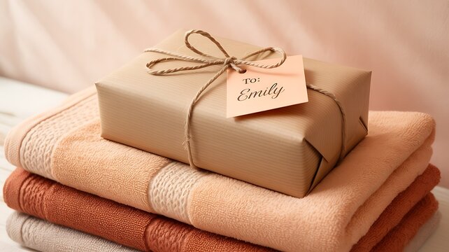 A beautifully wrapped gift for emily rests atop a stack of soft bath towels, conveying a sense of warmth and thoughtfulness for a special occasion.