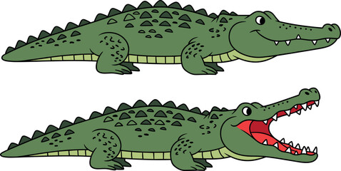Obraz premium Two cartoon crocodiles or alligators, one smiling with a closed mouth and one showing sharp teeth with a wide open jaw, funny reptile vector illustration set.
