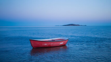 Naklejka premium A lone vibrant red rowboat gently floats on tranquil water under a dusky blue and purple sky with a distant island at the horizon.