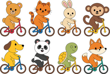 Cute cartoon animals riding bicycles, adorable characters on bikes, playful children’s illustration, fun cycling theme, animal friends vector art