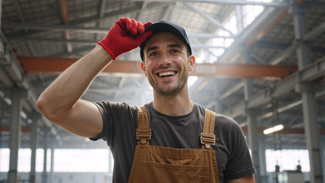 Portrait of a happy industrial worker smiling in a factory. Cheerful young male employee in overalls and cap at his job