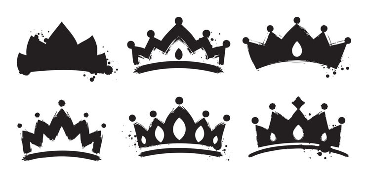 Six different grunge style crown designs with a hand-drawn, brushstroke effect, perfect for adding a touch of royalty or punk aesthetic to various creative projects.