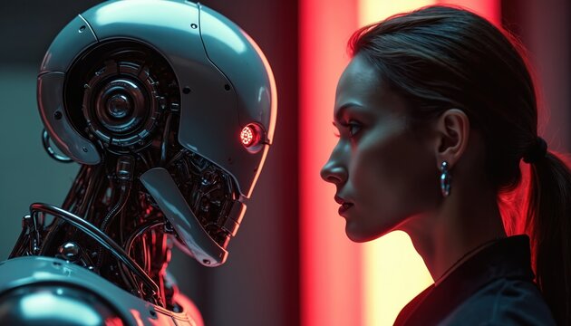 Woman and robot face to face. Future concept. Artificial intelligence versus humanity. Technology and people interacting. Digital age revolution. Sci fi scene.