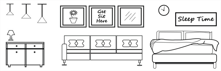 A minimalist black-and-white line art illustration featuring a set of furniture and decor for modern living and bedroom spaces. The graphic includes a cabinet, sofa, framed wall art, pendant lights.