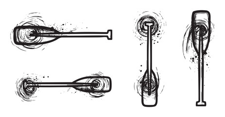 Four kayak paddles depicted with dynamic brushstrokes and water splashes in a stylized black and white vector illustration for outdoor adventure concepts.