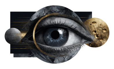 Celestial eye with planetary collage transparent image. Surreal cosmic aesthetic isolated cutout 3d render. Mystical gaze with dreamlike planets cut out clipart design element png