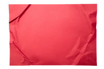 Red paper wrinkled poster templates, blank paper sheet. Red paper isolated on transparent background.