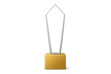 Glass award with gold base, presenting trophy for winning, achievement, success, and recognition on transparent background