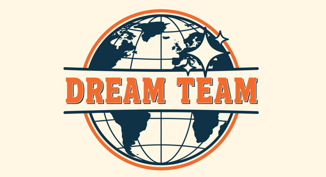 A vintage-style logo featuring a globe with grid lines and the words 'DREAM TEAM' in orange text across the center, with sparkling stars.