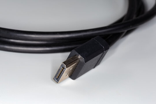 Full-size DisplayPort connector on cable edge, selective focus