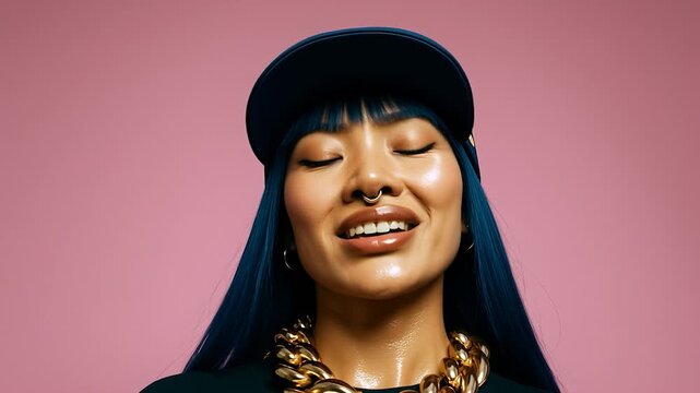 A stylish female rapper with vibrant blue hair, gold jewelry and a dark baseball cap pose against a pink backdrop. Her look exudes confidence and modern elegance.