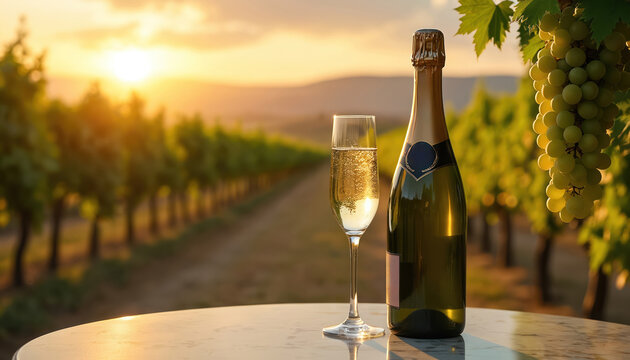 Champagne bottle and flute on a table in a vineyard at sunset. Green grapes hang above. Sparkling wine in a glass reflects the golden hour light. Vineyard rows stretch into the distance.