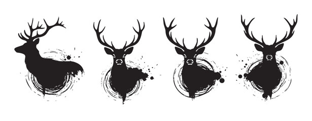 Four stylized black deer silhouettes, each featuring impressive antlers and a unique grunge brushstroke effect, creating a striking artistic design.