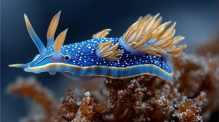 A nudibranch, a sea slug, displays bright blue and yellow colors. It crawls on the coralline ocean floor. Extreme macro shot.