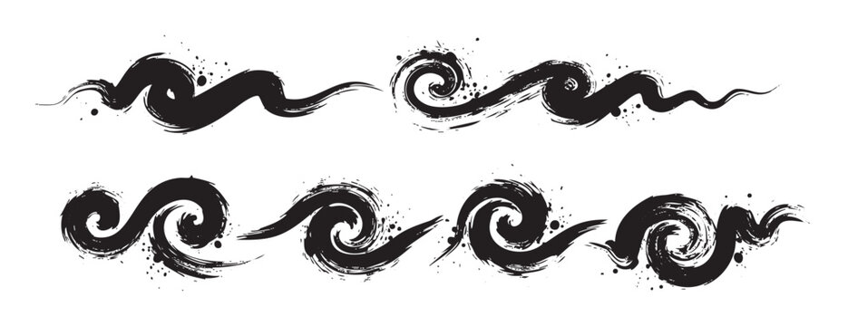 Abstract black ink brush strokes create dynamic wavy patterns and artistic swirls with a textured, grunge-like effect, perfect for creative design elements.