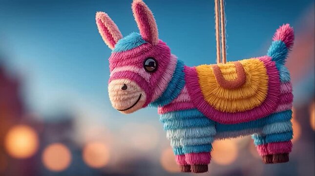 Festive 3D donkey pi&ntilde;ata adorned in vibrant hues, ready for a party suspended against a dreamy sky promises fun and sweet surprises.