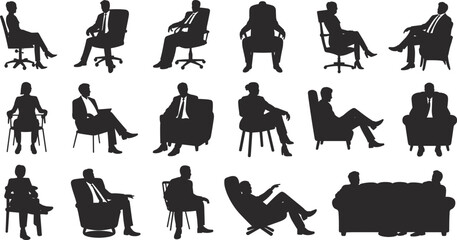 Silhouette illustration of seated people in chairs, business posture icons, ergonomic design reference, formal sitting positions, vector graphics