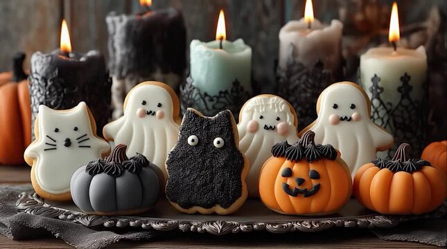 Festive monster cookie: ghosts, cats and pumpkins arranged on a decorative tray with lit candles in the background. Spooky and sweet. 