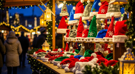 Display of festive Santa hats in various colors, showcasing winter holiday cheer, celebration, and gift selection during a Christmas market event