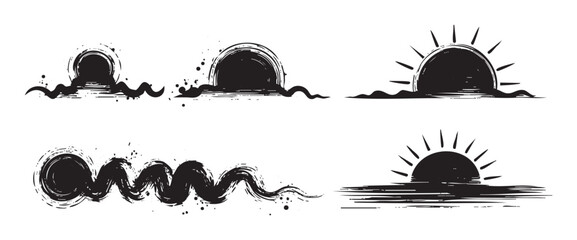 Grunge sun and waves brush stroke illustrations set with textured details, depicting various abstract sunrise and sunset scenes over water in a hand-drawn style.