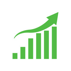 Graph going up sign with green arrows. Bar chart symbol icon with arrow moving up.