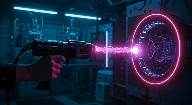 A person using a energy device emitting a pink beam towards a round portal with pink neon lighting in a futuristic high tech environment.