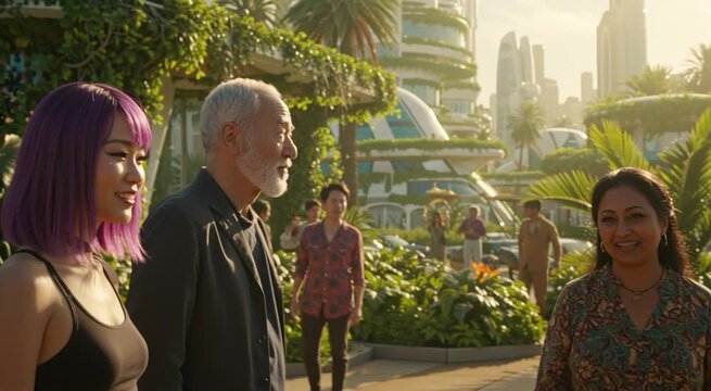 Diverse group amidst futuristic architecture and lush greenery. Utopian setting creating a vibrant hopeful atmosphere.