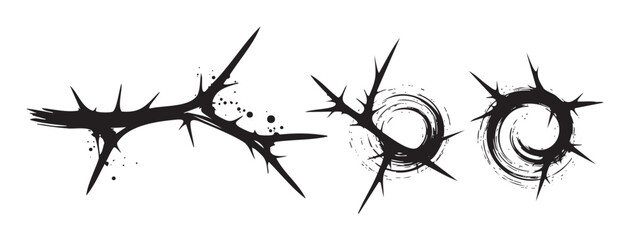 Fototapeta premium Stylized thorny branches and crown of thorns illustrations in a grunge style, featuring sharp spikes and distressed brush strokes for a dramatic and symbolic visual.