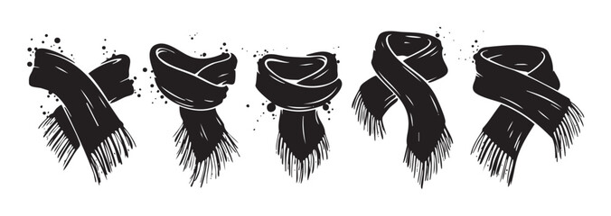 Various black scarves displayed in different stylish arrangements, showcasing a collection of fashionable winter accessories with a hand-drawn, graphic art style.