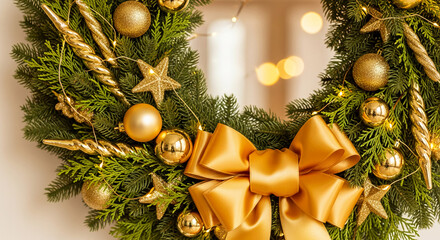 Close-up of evergreen wreath adorned with golden ornaments and shiny ribbon, representing festive mood, traditional celebration, and holiday spirit