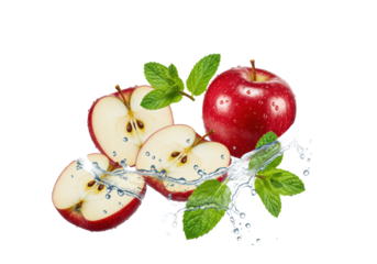 an extreme macro close-up of a glossy deep crimson red apple and sliced halves splashing dramatically in crystal-clear water with wet emerald mint leaves against a transparent studio background.